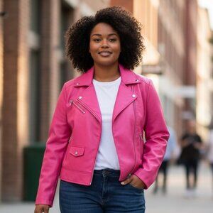 NEW Baccini Motorcycle Jacket Women’s Size 1X Pink Faux Leather Zippers Lined